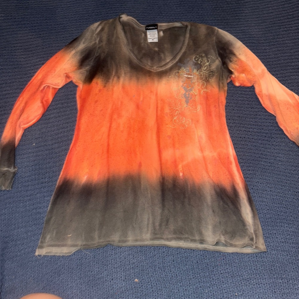 Y2K Harley-Davidson Womens Orange Black Ombre Waffle Thermal Long Sleeve Shirt M